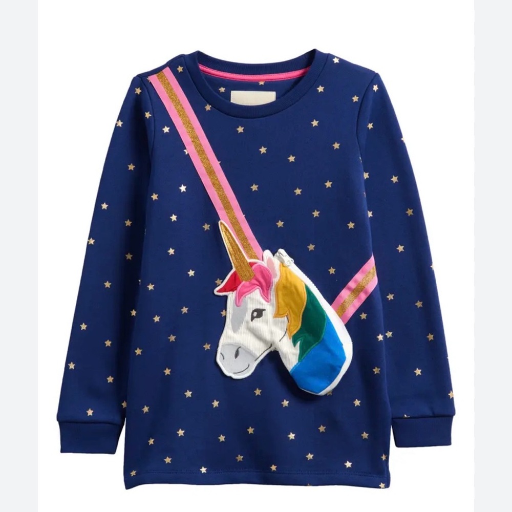 Mini Boden Navy Star Sweatshirt with Unicorn Pouch